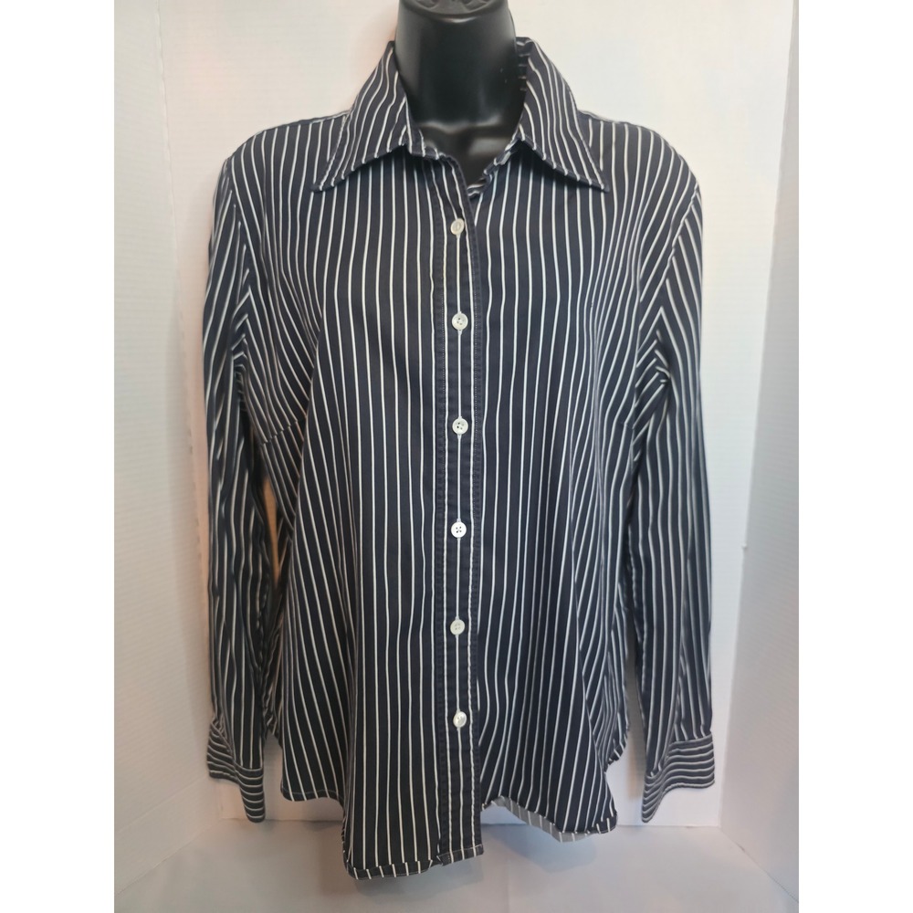 Faconnable Womens Black White Striped Button Down Shirt L Stretch Cotton Blend